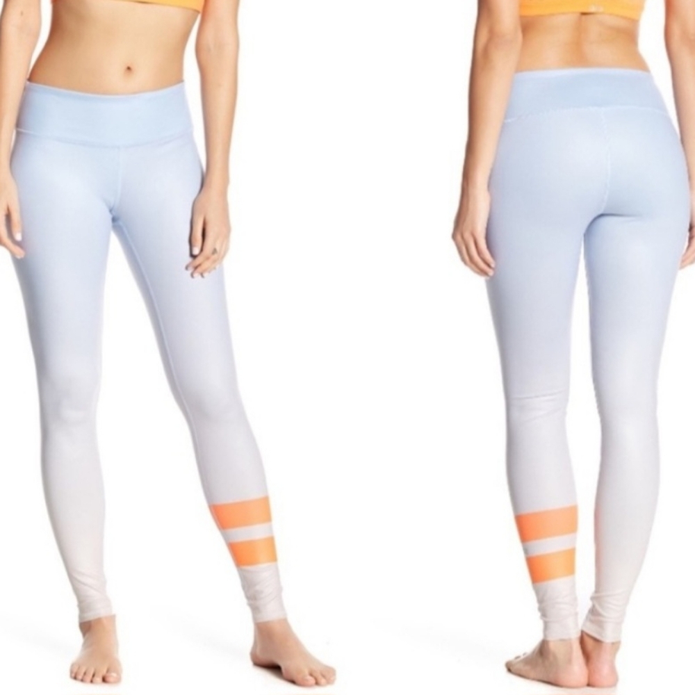 ALO Yoga Women's Ombre Light Blue to White Leggings with Orange Stripes